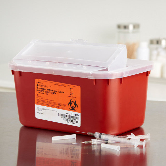 An OSHA-compliant NDC red plastic container with slide lid for Sharps Container - 1 Gallon (4 quart) sharps disposal.