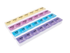 A convenient Apex 7-Day MediPlanner Pill Organizer with a set of colorful pill boxes on a white background from HealthyKin.