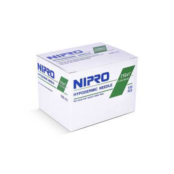 A box of Nipro Disposable Hypodermic Needles 21G X 1" (50 Pack) on a white background.