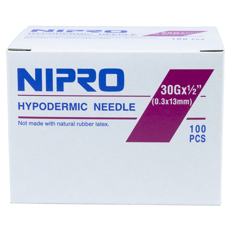 A box of Nipro Disposable Hypodermic Needles 30G x 1/2" (50 pack), known for their quality and reliability as sterile needles.