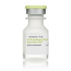 A Sodium Chloride Injection USP 0.9% (10mL) vial with a syringe containing sterile saline solution on a white background, produced by Henry Schein.
