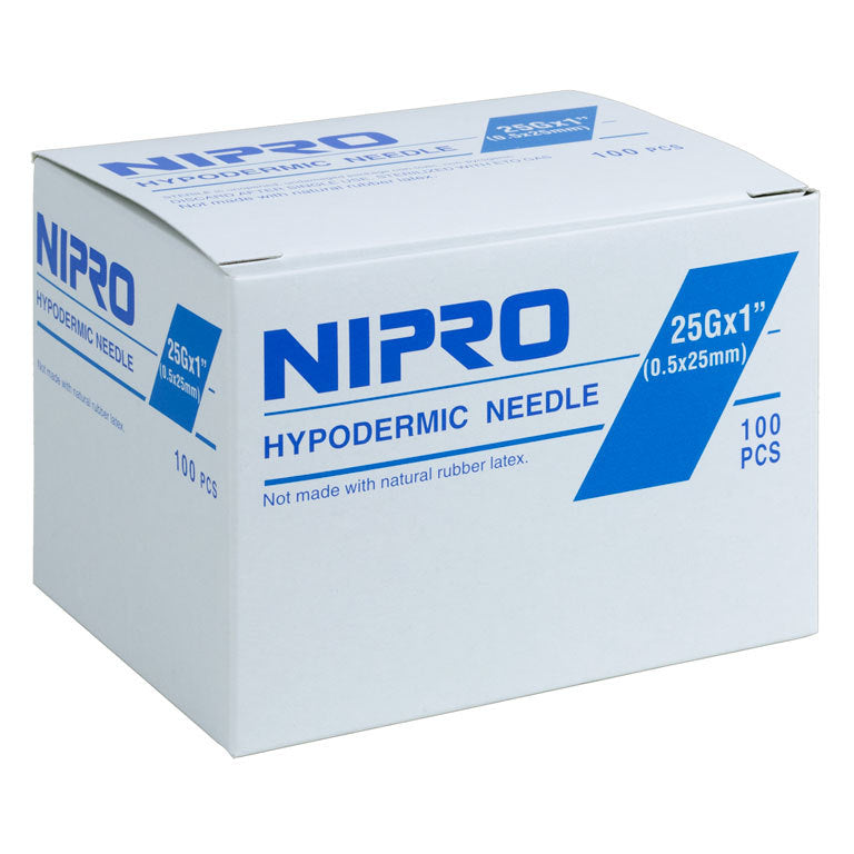 A box of Nipro Disposable Hypodermic Needles 25G X 1" (50 Pack), which are hydrophilic, disposable and sterile.