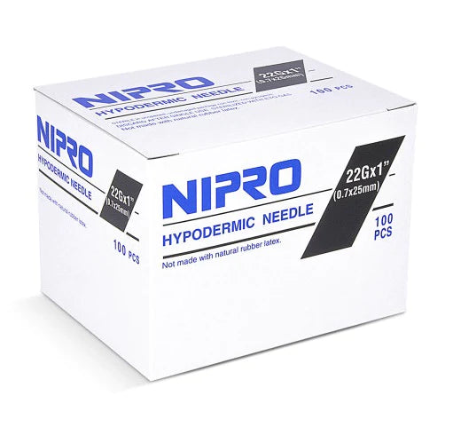 A box of Nipro Disposable Hypodermic Needles 22G X 1" (50 Pack) and syringes on a white background.