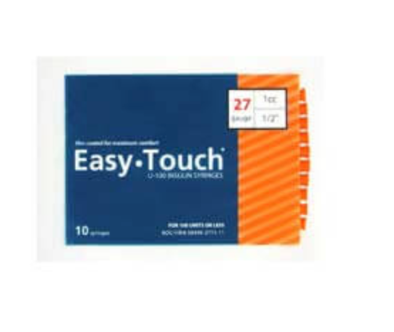 A package of MHC EasyTouch Insulin Syringes, known for accurate dosing and a high level of quality.
