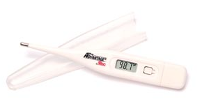 MedPlus Pro Advantage Digital Thermometer Kit, featuring dual scale and last reading memory, displaying a temperature of 98.1°F with its protective cap removed.