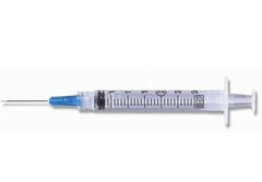 A MedPlus PrecisionGlide Needle attached to a BD 3cc (3ml) 25G x 1 1/2"Luer-Lok Syringe on a white background.