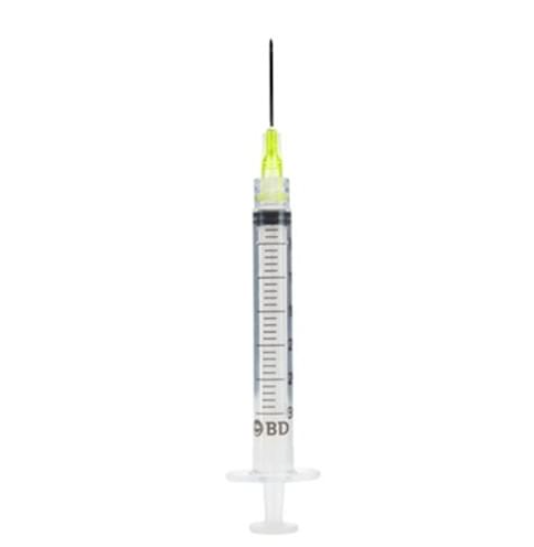 A BD 3cc (3ml) 20G x 1 1/2" Luer-Lok Syringe w/ PrecisionGlide Needle (10 pack) on a white background, manufactured by NDC.
