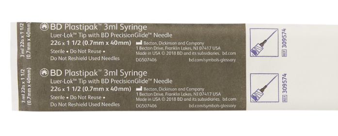 A package of BD 3cc (3ml) 22G x 1 1/2" Luer-Lok Syringe w/ PrecisionGlide Needle (10 pack) by MedNeedles/MedPlus on a white background.