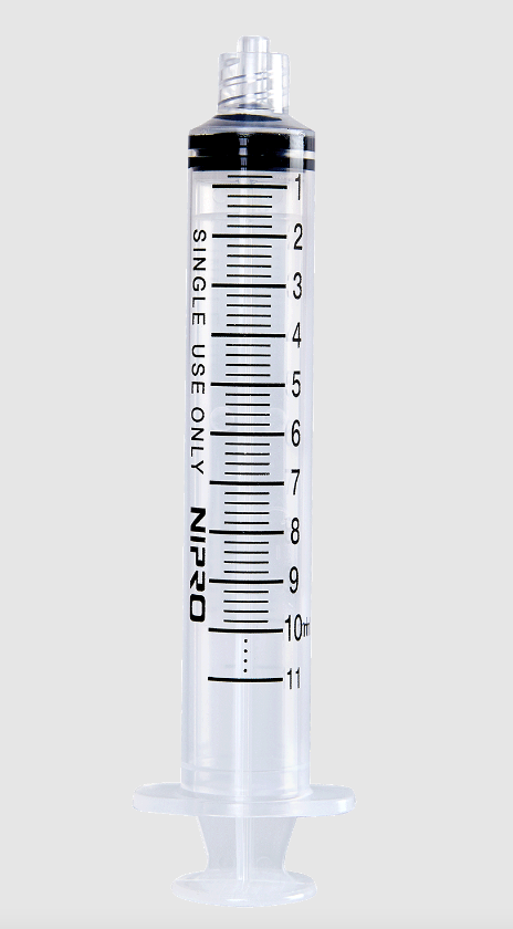 A clear Nipro 10cc (10ml) 18G x 1" Luer-Lok syringe and hypodermic needle combo with a number on it.