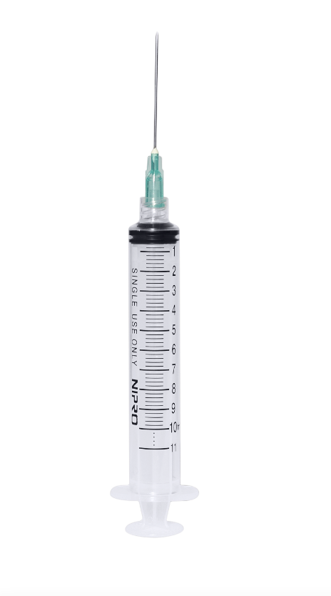A 10cc (10ml) 21G x 1" Luer-Lock Syringe and Hypodermic Needle Combo (25 pack) by Nipro.