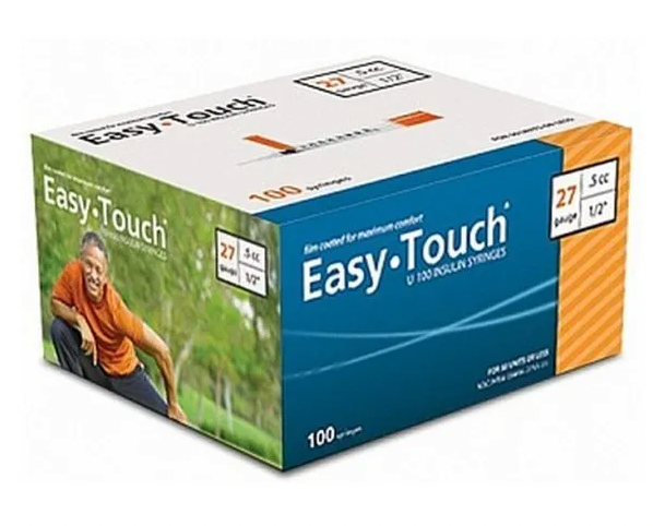 A box of MHC EasyTouch Insulin Syringes 0.5cc (0.5ml) x 27G x 1/2" - 1 BOX (100 SYRINGES) on a white background.