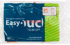 A package of MHC EasyTouch Insulin Syringes 0.5cc (0.5ml) x 29G X 1/2" - 5 bags (50 SYRINGES), providing comfortable injections for insulin administration.