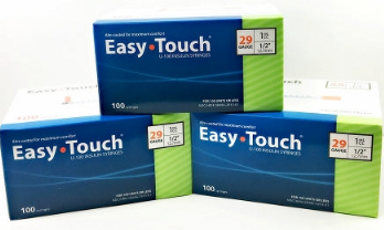 Three boxes of MHC EasyTouch insulin syringes on a white background.