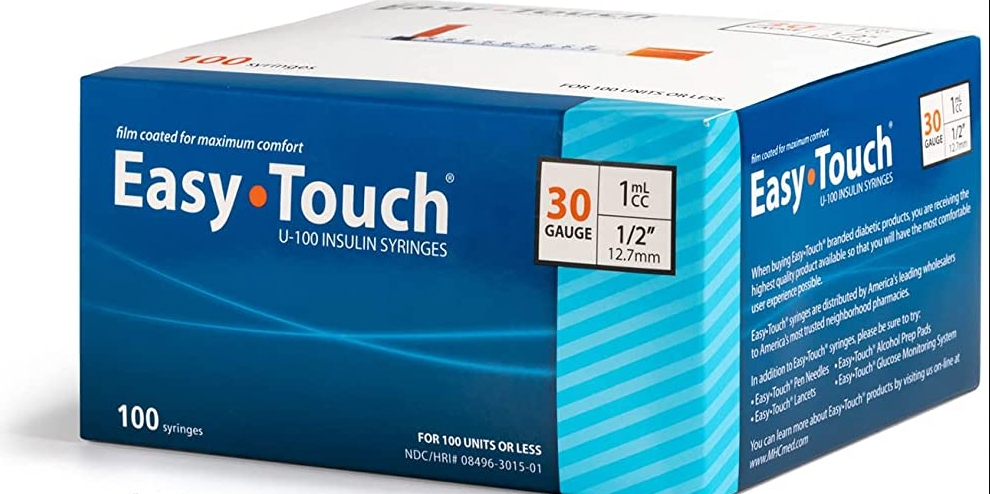 A box of MHC EasyTouch Insulin Syringes 1cc (1ml) x 30G x 1/2" - 1 BOX (100 SYRINGES) on a white background, providing comfortable injections for insulin administration.