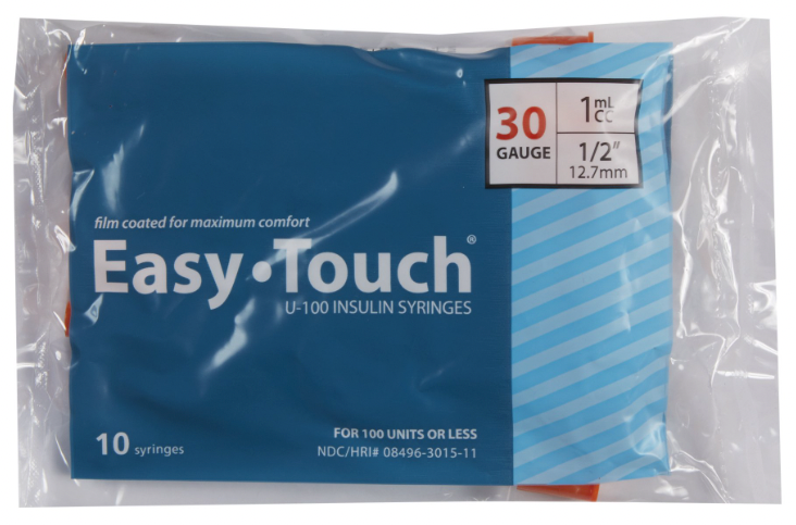 A package of MHC EasyTouch Insulin Syringes 1cc (1ml) x 30G x 1/2" - 1 BAG (10 SYRINGES) for easy and convenient injection, designed specifically for insulin use. The EasyTouch syringes are in a vibrant orange color to add a touch of personality to your medical routine.