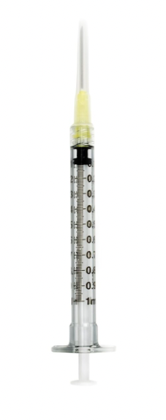 A 1cc (1ml) 20G x 1" LUER LOCK Syringe and Hypodermic Needle Combo (50 pack) by Nipro on a white background.