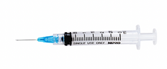A Nipro sterile syringe with a blue color, the 3cc (3ml) 25G x 1" Luer-Lock Syringe & Hypodermic Needle Combo (50 pack).