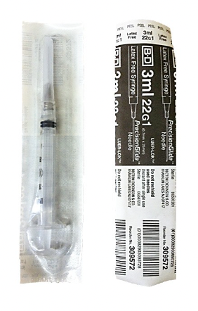 A manufacturer's inventory of discontinued BD 3cc (3ml) 22G x 1" Luer-Lok Syringe w/ PrecisionGlide Needle (10 pack) by MedNeedles/MedPlus.