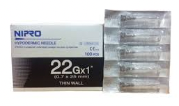Nipro 1cc (1ml) 22G x 1" LUER LOCK Syringe and Hypodermic Needle Combo (50 pack), featuring sterile hypodermic needles in a box.
