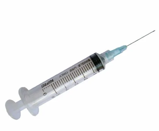 A 5cc (5ml) 25G x 1" Nipro Luer-Lock Syringe & Hypodermic Needle Combo (50 pack), featuring a luer lock connection for secure usage.