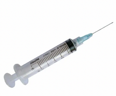 A 5cc (5ml) 25G x 1" Nipro Luer-Lock Syringe & Hypodermic Needle Combo (50 pack), featuring a luer lock connection for secure usage.