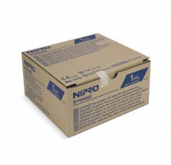 A box of Nipro 1cc (1mL) 25G x 5/8" Slip-Tip Syringe & Needle Combo (50 pack) on a white background.