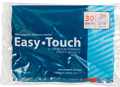 MHC EasyTouch Insulin Syringes 0.3cc (0.3ml) x 30G x 5/16" - 1 BAG (10 SYRINGES) in a package.