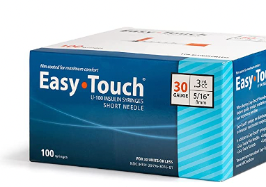 A box of MHC EasyTouch Insulin Syringes 0.3cc (0.3ml) x 30G x 5/16" - 1 BOX (100 SYRINGES) on a white background.