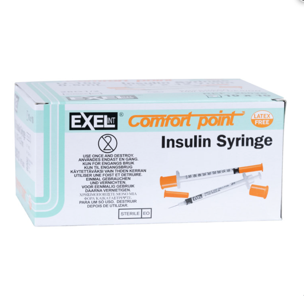 NDC Exel U-100 Comfort Point Insulin Syringes 1cc x 28g x 1/2" (1 Box/100 Syringes) - permanent needles, disposable syringes