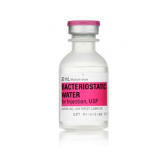 A Henry Schein approved bottle of Bacteriostatic Water 30ml (single vial) manufactured by Hospira, displayed on a clean white background.