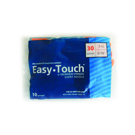 Buy in bulk a package of MHC EasyTouch Insulin Syringes 0.5cc (0.5ml) x 30G x 5/16" - 1 BAG (10 SYRINGES) on a white surface.