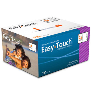 A box of EasyTouch Insulin Syringes 0.5cc (0.5ml) x 28G X 1/2" - 1 BOX (100 SYRINGES) by MHC on a white background.
