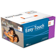 A box of EasyTouch Insulin Syringes 0.5cc (0.5ml) x 28G X 1/2" - 1 BOX (100 SYRINGES) by MHC on a white background.