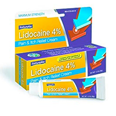 Boxes of Lidocaine 4% Numbing Cream by Natureplex for pain and itch relief.