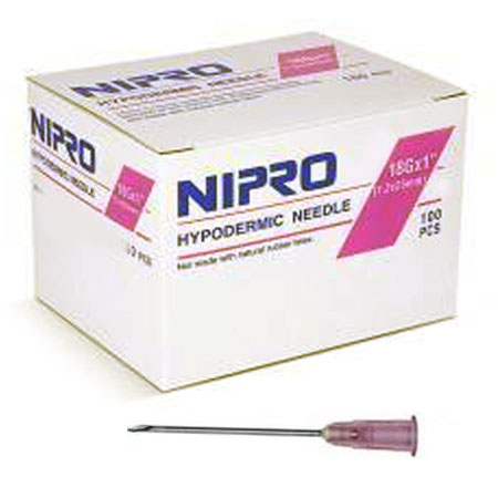 A box of sterile Nipro Disposable Hypodermic Needles 18G x 1" (50 pack).