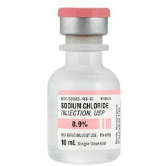 A bottle of Henry Schein Sodium Chloride Injection, USP 0.9% (10mL vial), following Fresenius Kabi standards.