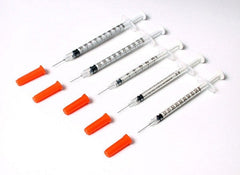 Five MHC EasyTouch Insulin Syringes with orange needles, offering accurate dosing and a high level of quality, placed on a white surface.