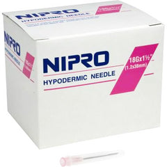A box of Nipro Disposable Hypodermic Needles 18G x 1 1/2" (50 Pack), essential for precise drug delivery.
